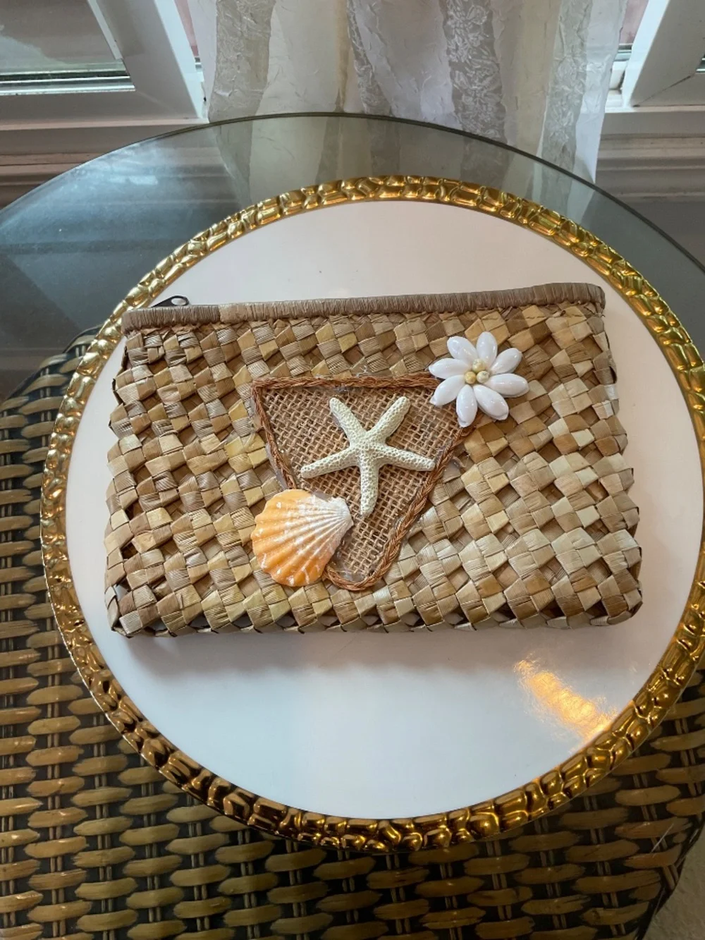 Lauhala Zippered Bag Pouch With Decorative Shells on Front